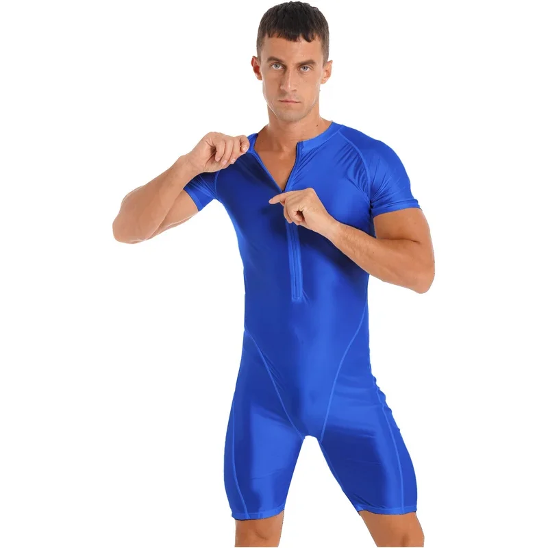 Men Glossy Swimsuit Short Sleeve Zipper Jumpsuit Solid Color Bodysuit Surfing Swimwear Beachwear Gym Fitness Sportwear