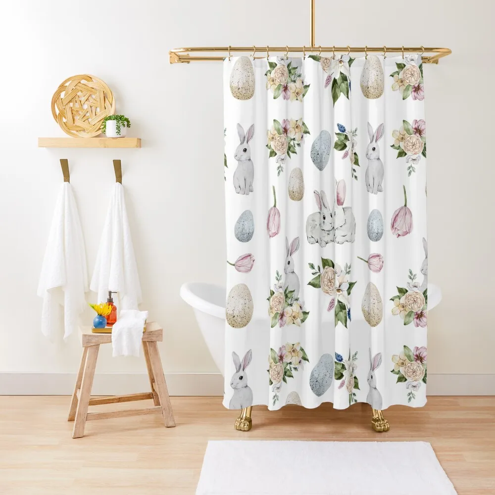 

Easter Bunny Spring Flowers Eggs Shower Curtain Bathroom Box Set For Bathroom Waterproof Fabric Bathroom Luxury Curtain