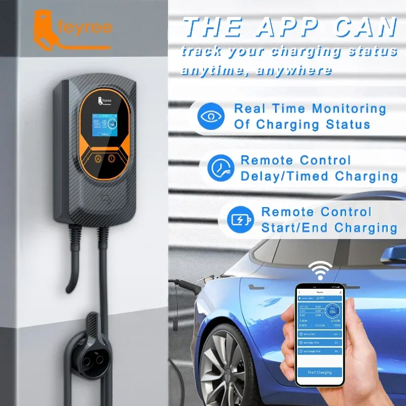 EVSE Wallbox Type2 Cabo 32A 7.6KW EV Carregador de carro 11KW 22KW Estação de carregamento trifásica APP Controle de cartões RFID para veículos