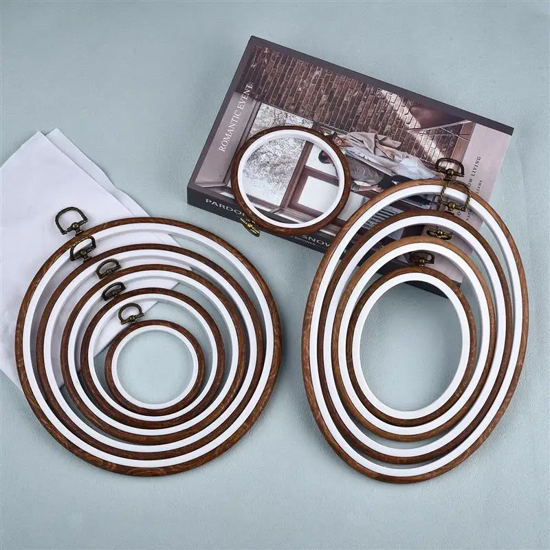 Juego de aros de bordado de madera redondos y ovalados, aros de bordado de plástico de colores, herramienta de costura para manualidades con aguja de punto de cruz DIY