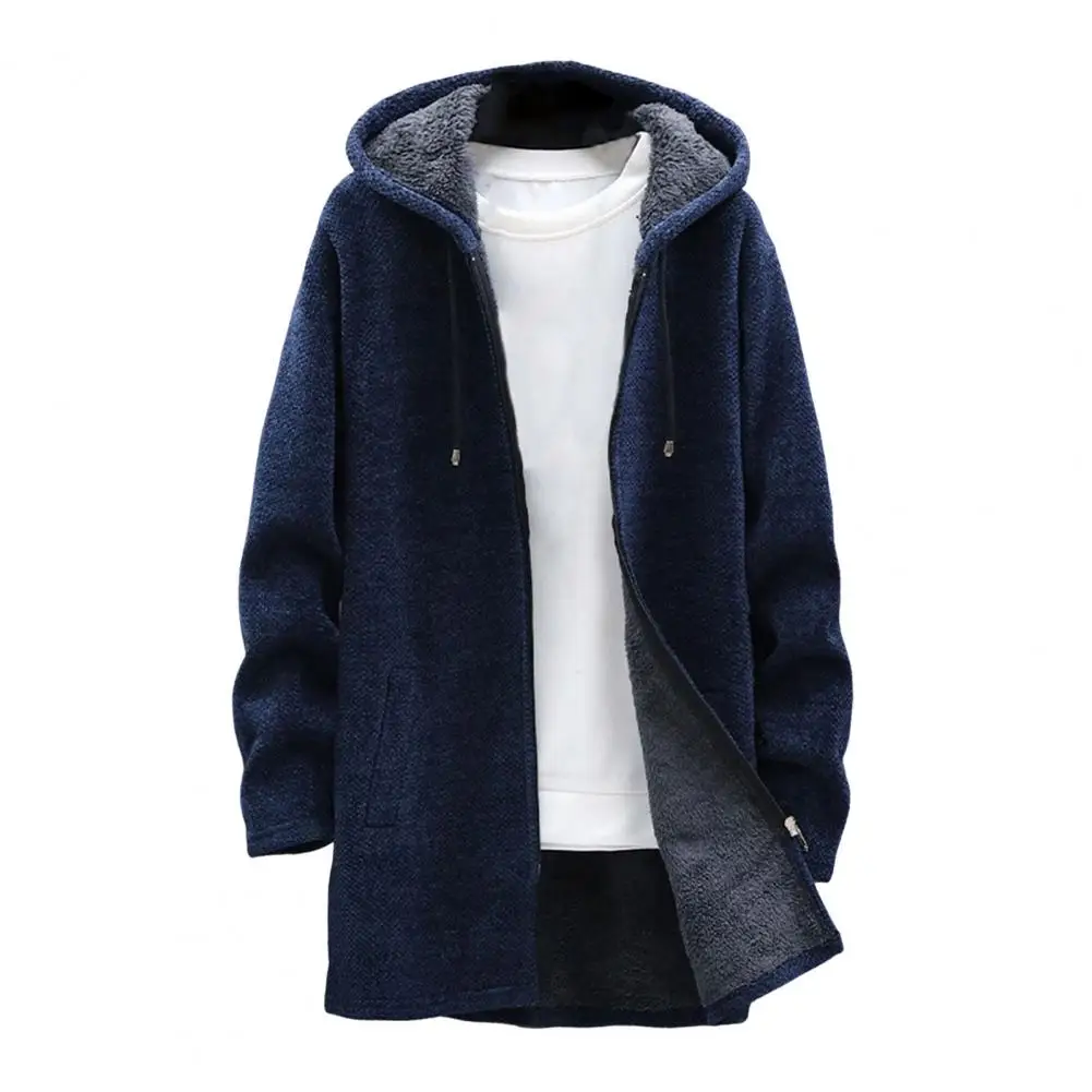 

Winter Hooded Coat Men's Winter Hooded Knit Coat with Plush Lining Zipper Placket Mid-length Thickened Knitwear for Cold Weather