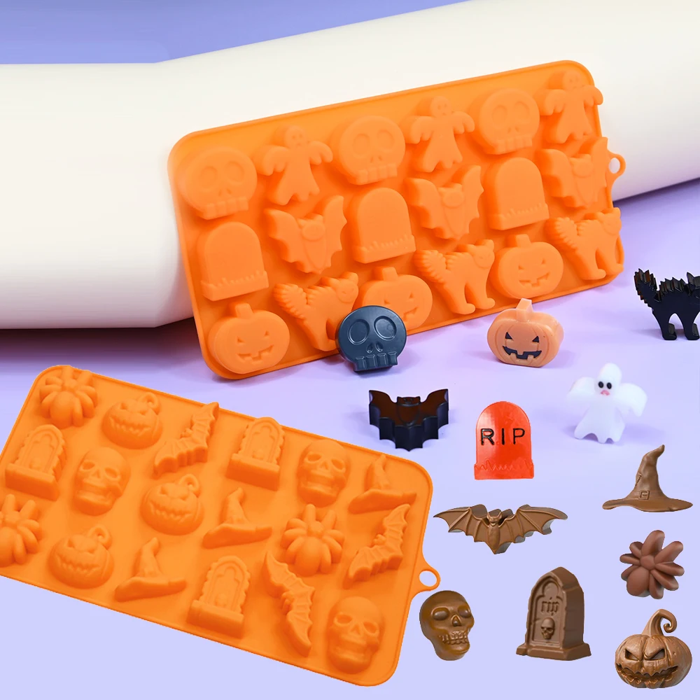 Pumpkin Skull Ghost Spider Witch Bat Tombstone Design Halloween Mold Halloween Elements Silicone Cake Mould DIY Chocolate Mold
