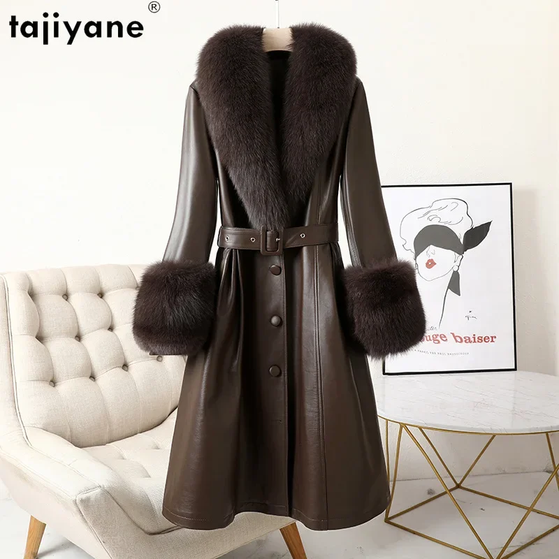 Tajiyane Veste en cuir véritable pour femme, manteau long 2023 peau de mouton, col en fourrure de renard de luxe, vestes en cuir minces, super qualité, hiver 100%