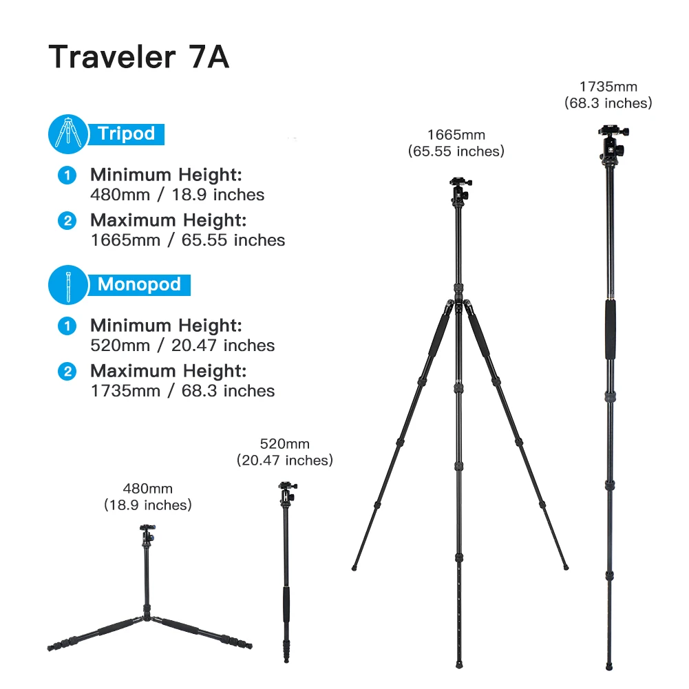 SIRUI 1.65M Aluminium Travel Tripod For Mobile Phone Camera Accessories For DSLR Camera Load 8KG Traveler 7A With E-10 Ball Head