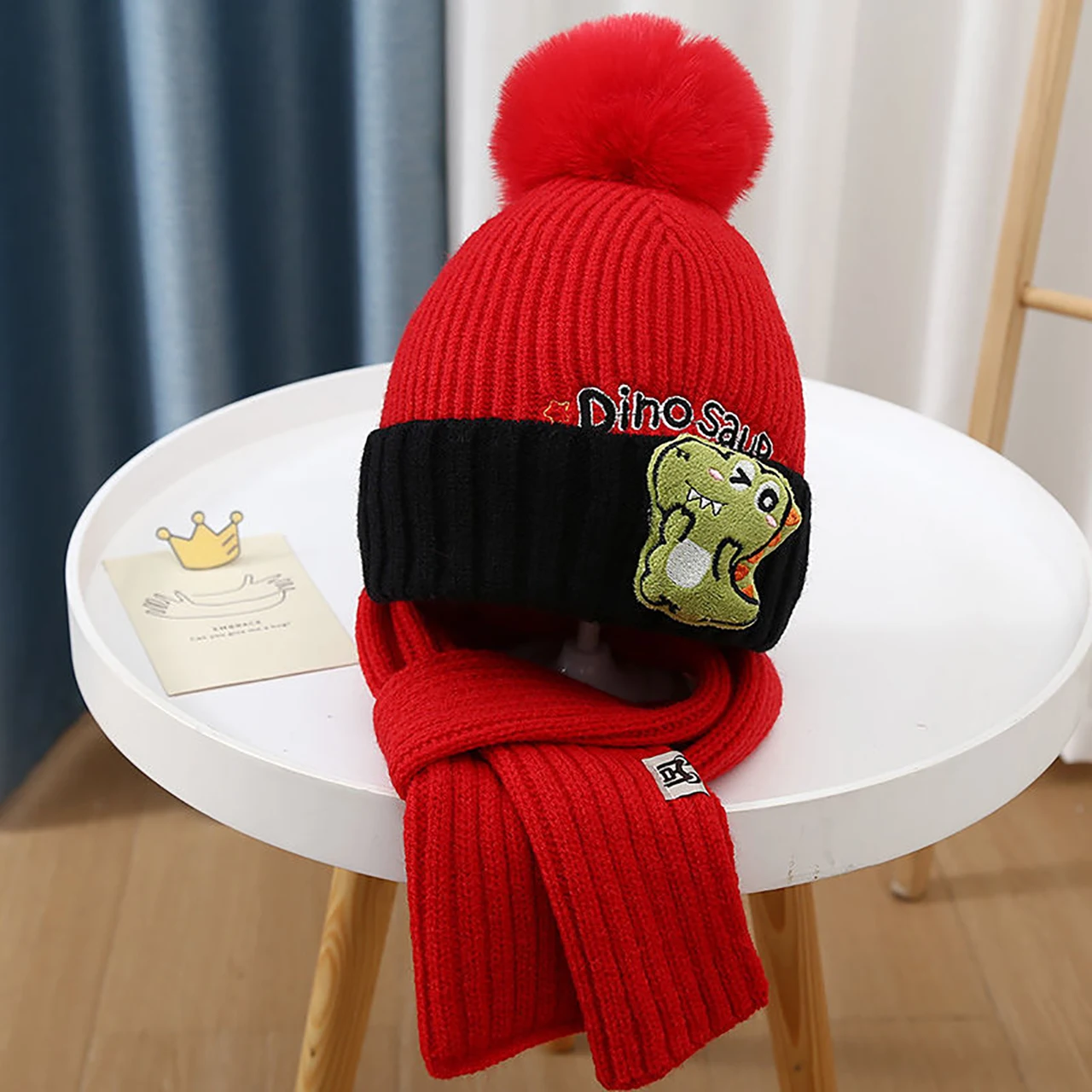 2Pcs Cute Dinosaur Children Knitted Scarf Hat Set Winter Warm Woolen Neckerchief Pompom Kids Beanie 3-12Year Baby Pullover Cap