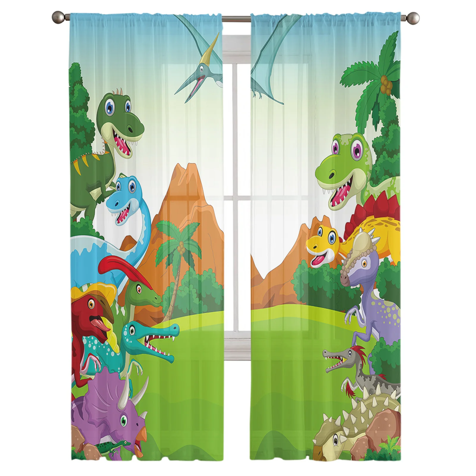 Green Purple Dinosaur Grove Mountain Sky Tulle Voile Curtains Bedroom Window Curtain Living Room Sheer Curtains Organza Drapes