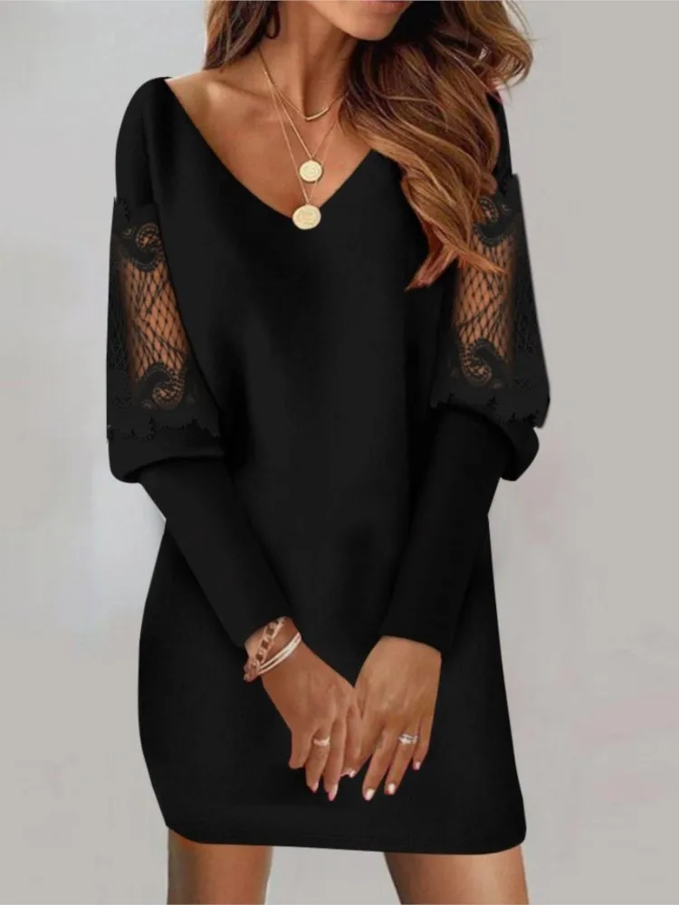 Dresses For Women 2024  V Neck Mesh Lace Sleeve Loose Dress Spring Autumn Casual Elegant Office Ladies Dress Robe Femme