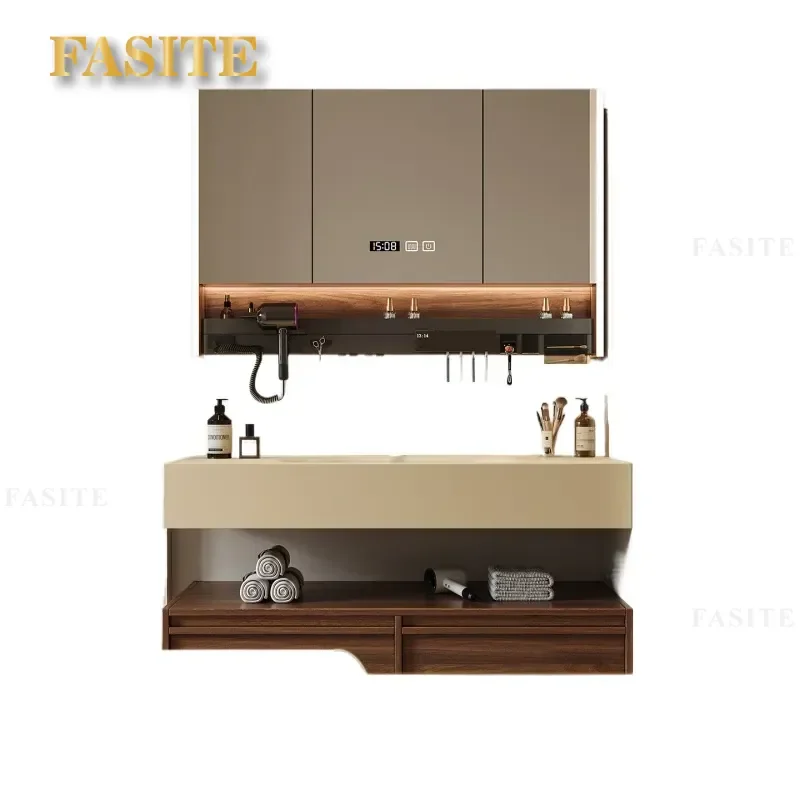 For Medieval Style Rock Slab Hot Bending Integrated Basin Bathroom Cabinet Solid Wood Combination Intelligent Hand Washing