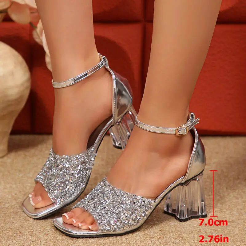Luxury Gold Sequin Fabric Ankle Strap Sandals Women Summer 2026 Elegant Square Toe Thick High Heel Sandals Women's Crystal Shoes image 3