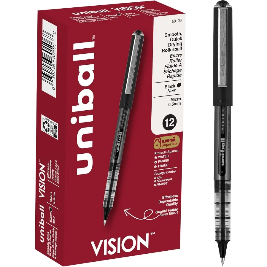 

Vision Rollerball Pen 12 Pack Black Pens 0.5mm Micro Tip Size Smooth Writing Japanese Pens School plies