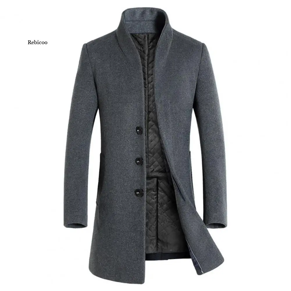 

Winter Jacket Men Stand Collar Overcoat Single-breasted Long Trench Coat Men Cardigan Jacket