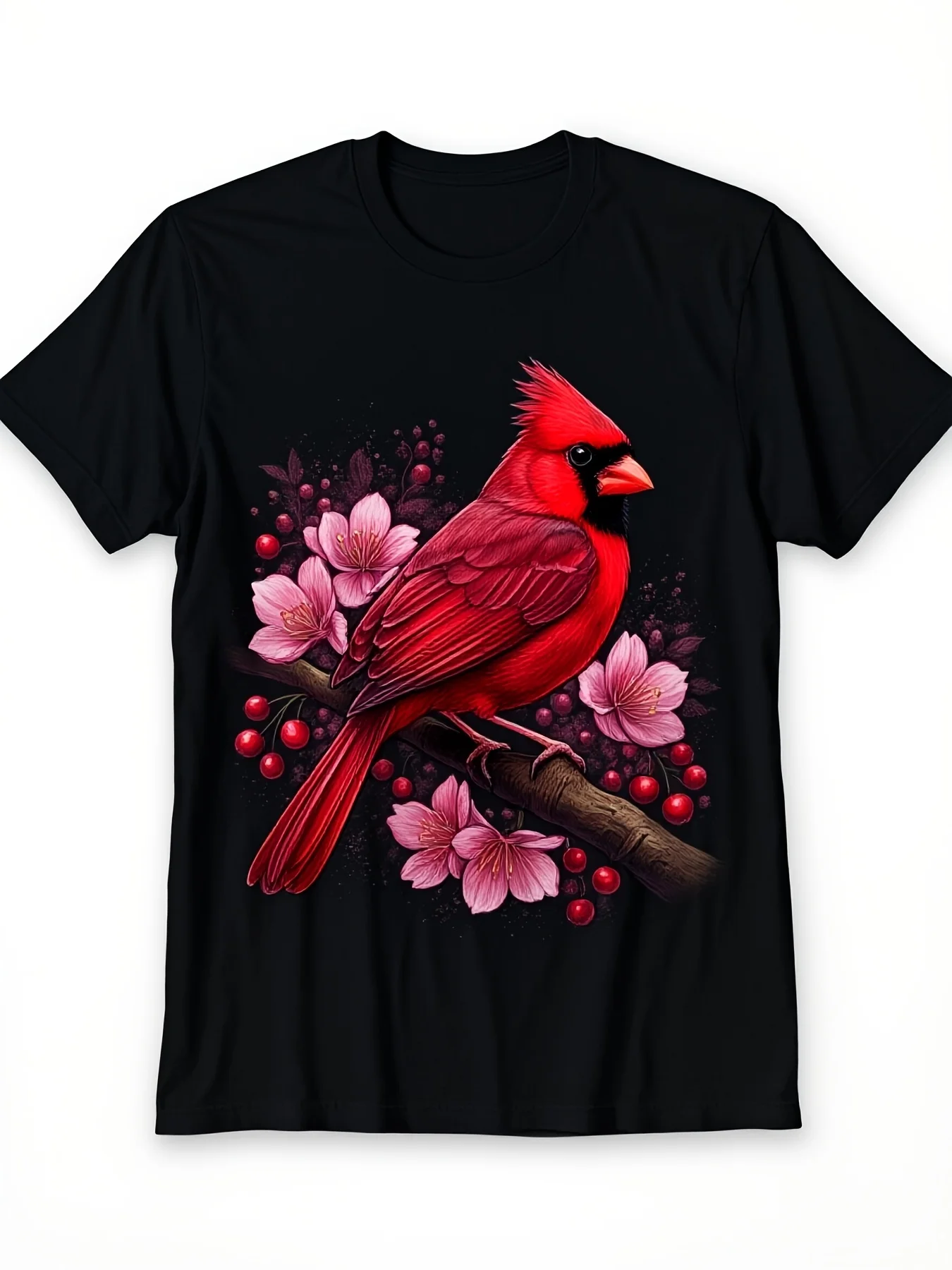 Men'S T-Shirt Black Casual Short Sleeve Round Neck Tee with Vibrant Red Cardinal Pink Dogwood Blossoms Digital Print Machine Washable Everyday Apparel Natureinspired DesiRetro