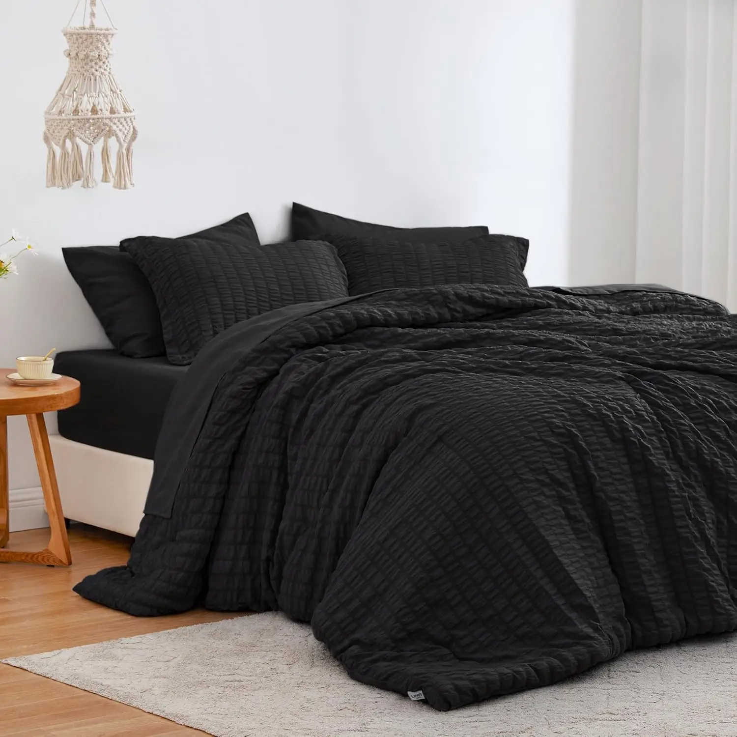 

Seersucker Black Queen Comforter Set, 7-Piece All Season Lightweight Bed in a Bag with Comforter, Sheets, Pillowcases
