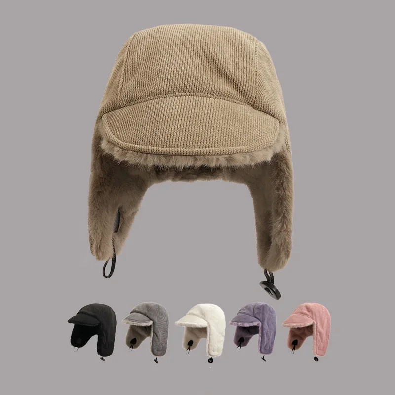 Korean Version Double-sided Corduroy Bomber Hats for Women Autumn and Winter Cold Plush Ear Protection Warm Ski Pilot Men\'s Cap