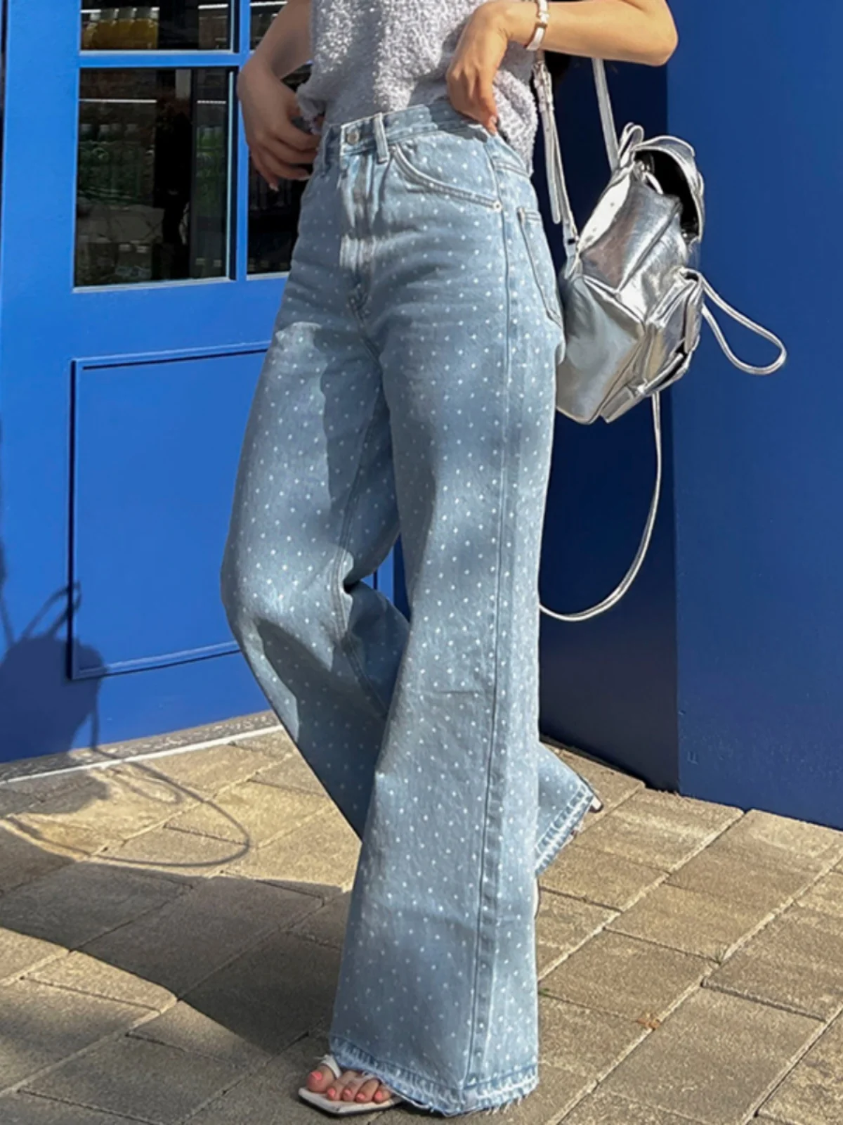 ハイウエストワイドレッグデニムジーンズ女性のシックな秋ヴィンテージオールマッチ痩身カラーブロックデザインタッセルエッジカジュアルパンツ