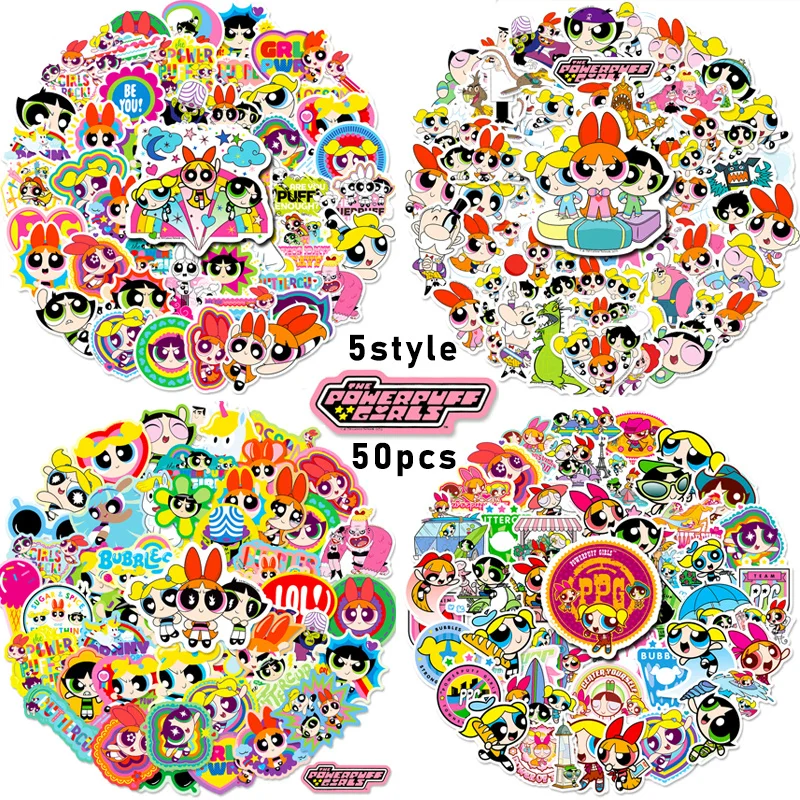 Powerpuff Girls Cartoon Stickers 50pcs Diy Waterproof Stickers For Phone Refrigerator Trunk Anime Figure Image Toys Sticker Gift