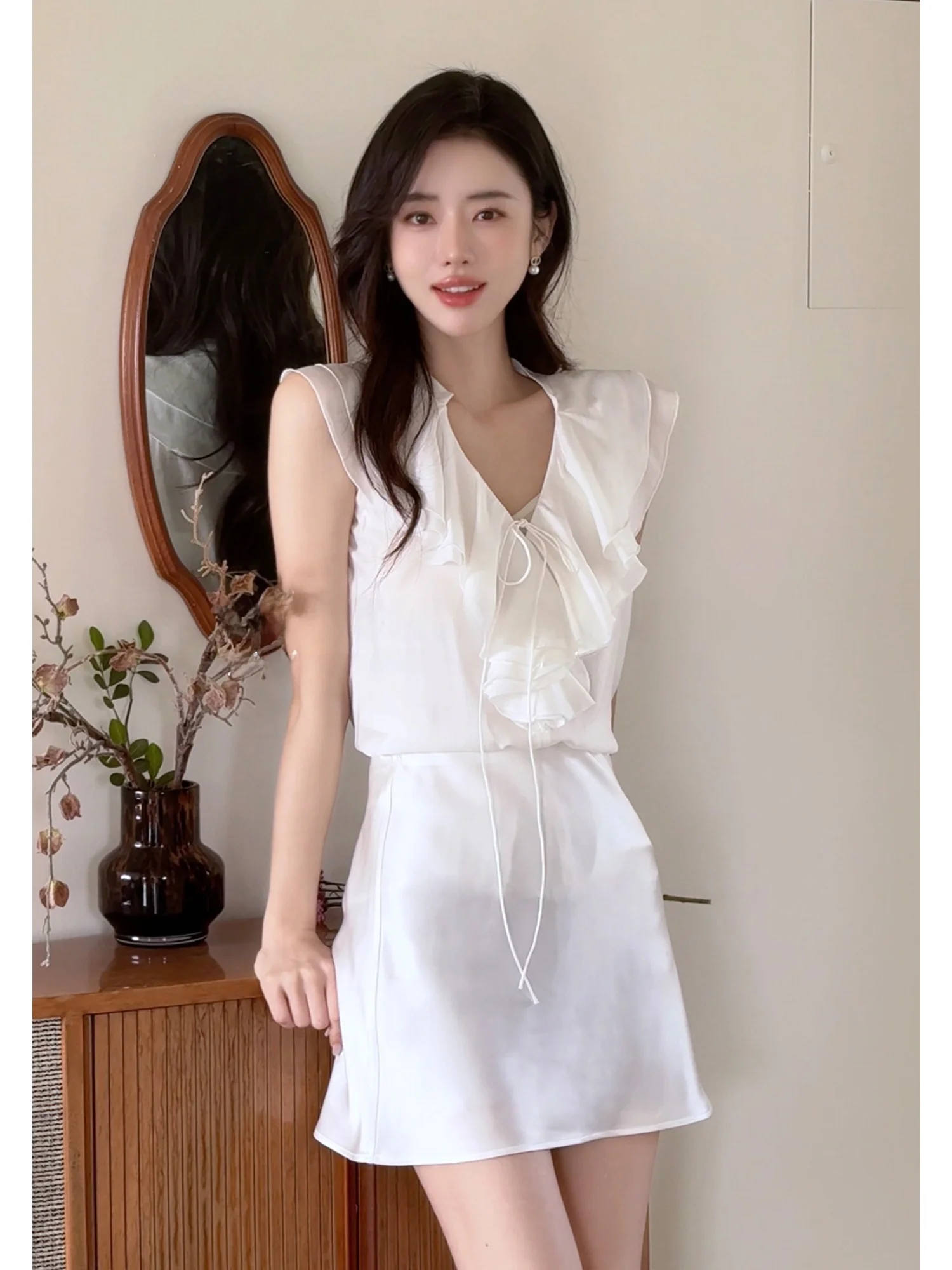 

Touchin Haute Silk Blouse And Half Skirt Set with Lace Trim for Women Comfortable Breathable Commute Style Loose Fit No Sleeve