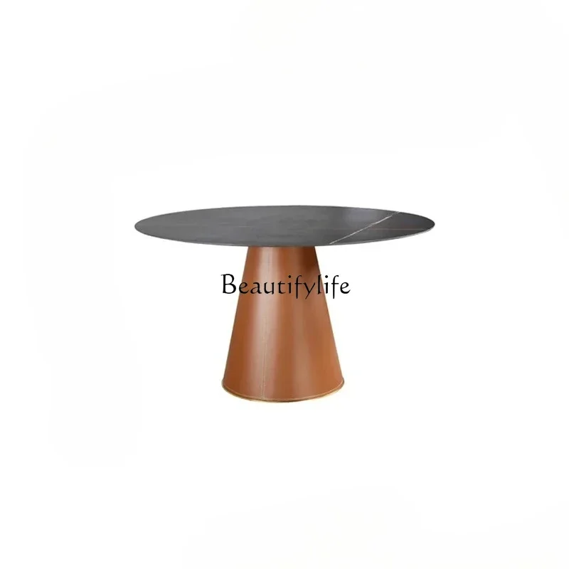 

ls 27Handmade leather family multi-purpose round dining table mesh rock slab dining table light luxury modern simplicity