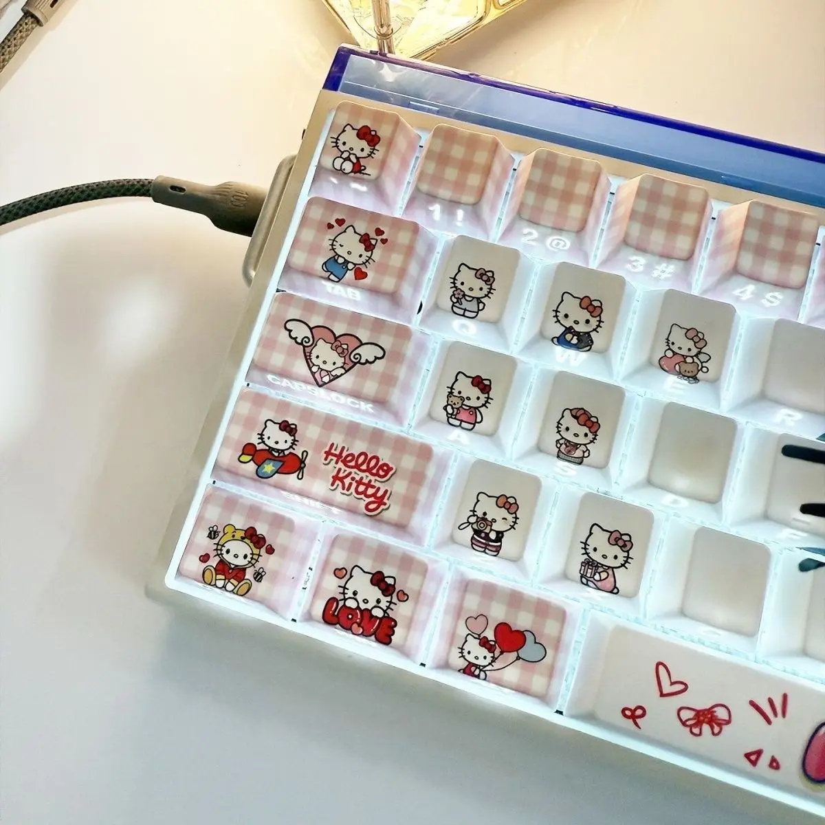 Cute Hello Kitty Transparent Keycaps Pink Clear Backlit Pbt Keycaps, Fit Cross & Satellite Axis for 60%-80% Mechanical Keyboard view 3