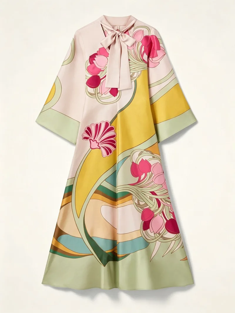 YAYUOTI Women 2026 Summer New Hot Selling Satin Printed Halter Neck Vacation Elegant Slimming Swing Maxi Dress Trendy Chic Beach view 4