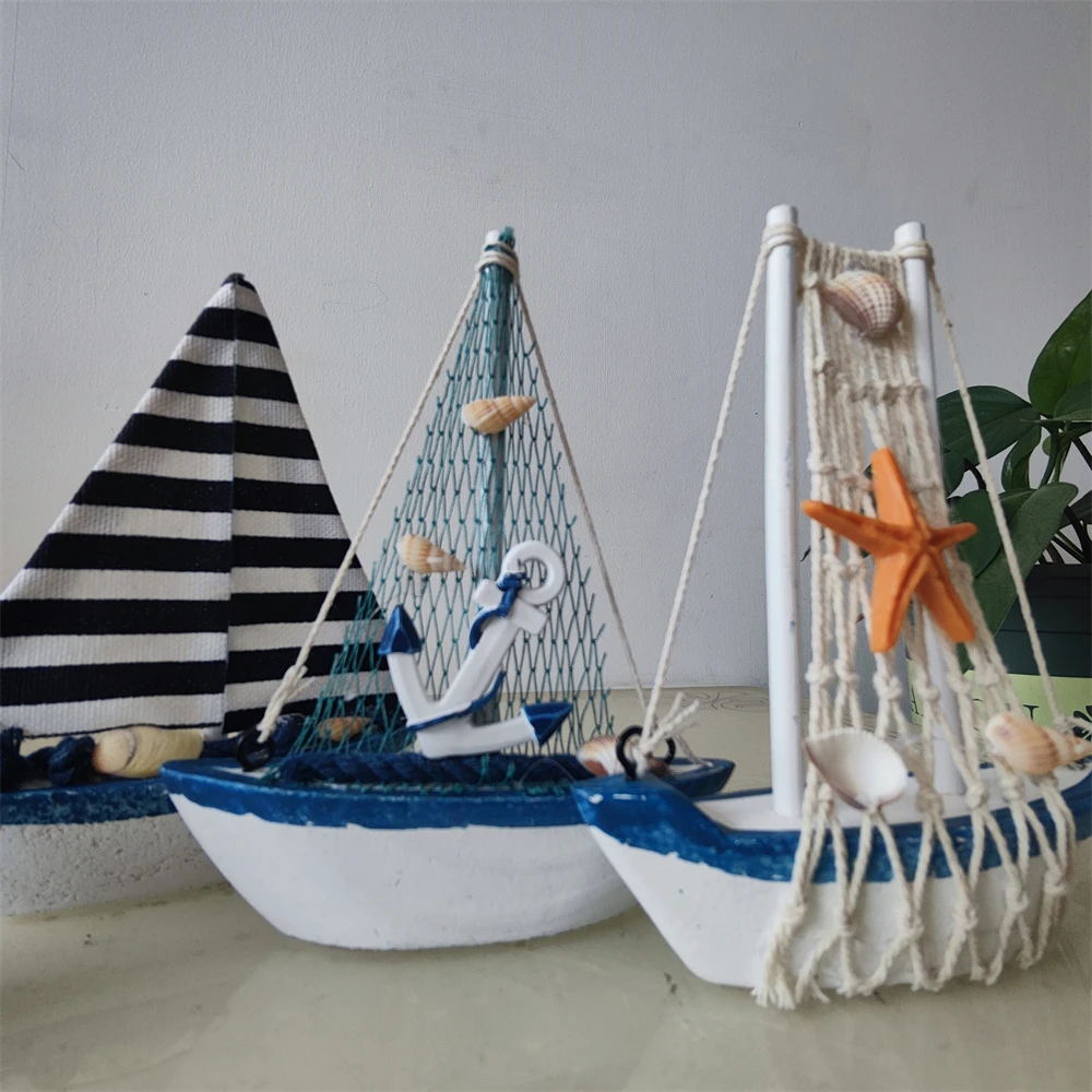 4pcs Set Mini Mediterranean Style Marine Nautical Wooden Blue Sailing Boat Ship Wood Crafts Ornaments Party Room Home Decoration