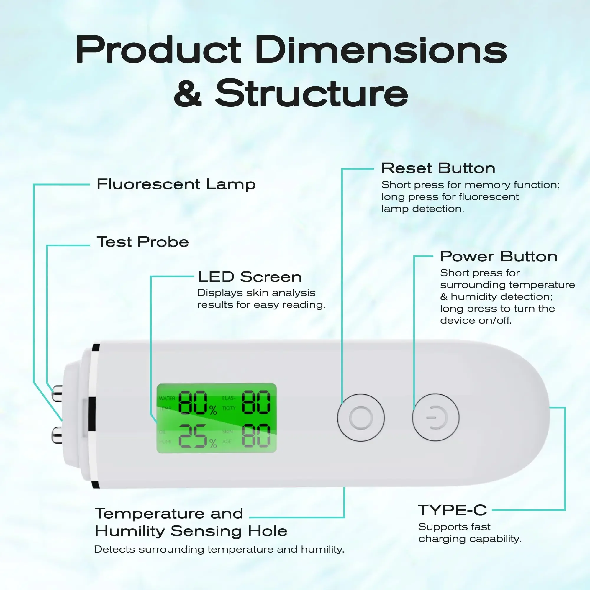 เครื่องวิเคราะห์ความชื้นบนใบหน้าเนื้อหาน้ํามันผิวหนัง เครื่องมือดูแลผิวสําหรับผิวกระจ่างใส เครื่องทดสอบความชื้นแบบดิจิตอล การตรวจสอบสุขภาพผิว