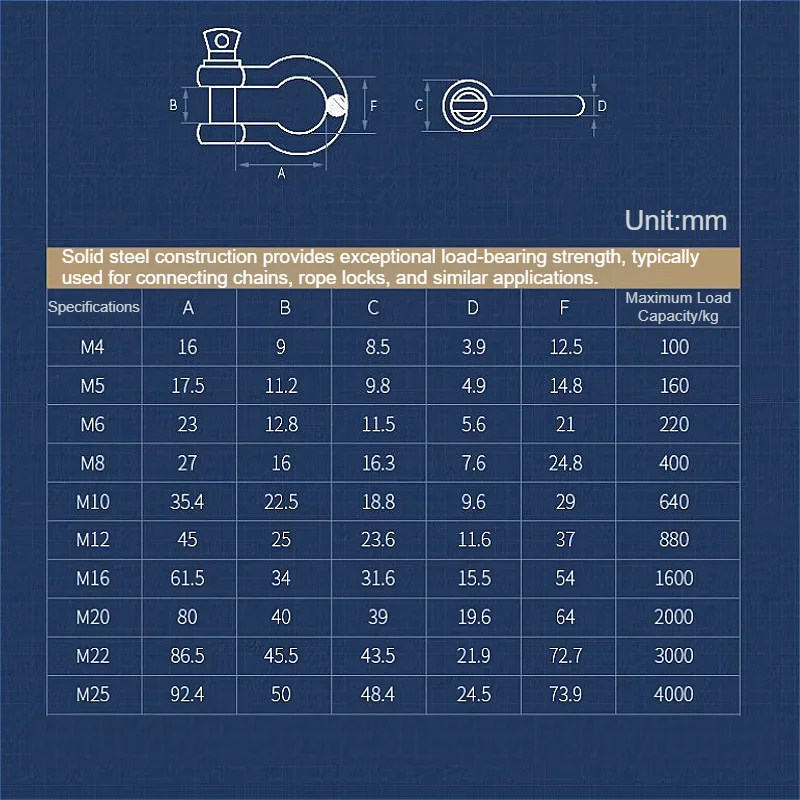 M4 M5 M6 M8 M10 M12 M14 M16 304 Stainless Steel Bow Shape Load Shackle for Camping, Hiking Safety Bolt Type Anchor Shackle