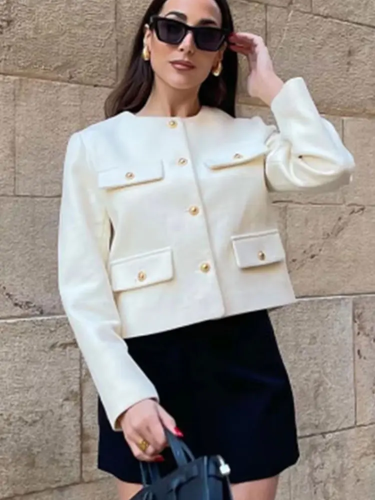 

HH женское элегантное бежевое белое пальто с длинным рукавом и круглым вырезом с металлическими пуговицами, весенняя женская модная уличная одежда, шикарные пальто