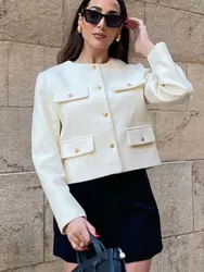 HH Women Elegant Beige White Coat Long Sleeve O Neck Jacket With Metal Buttons Spring Female Fashion Streetwear Chic Coats