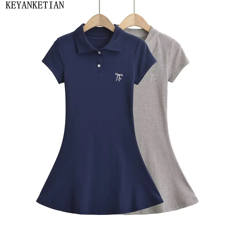 

KEYANKETIAN 2024 New Launch Women Bow Embroidery Polo neck Dress Summer Preppy Style Short Sleeve Slim Cotton Mini Dresses Y2K