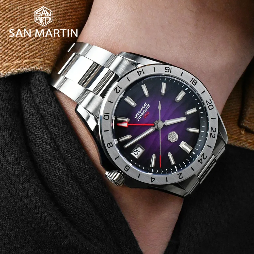 San Martin Original 39mm Purple Desert Texture Dial Luxury Men Dress Watch NH34 GMT Automatic Mechanical Waterproof 100m Luminou