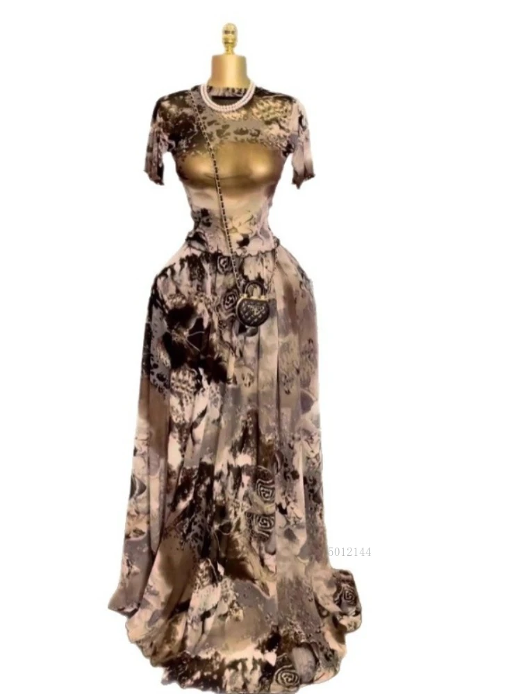 

Элегантный женский комплект с короткими рукавами и круглым вырезом с принтом, топы + длинные юбки, осенний спортивный костюм 2025 года, сексуальный комплект из двух предметов, наряды