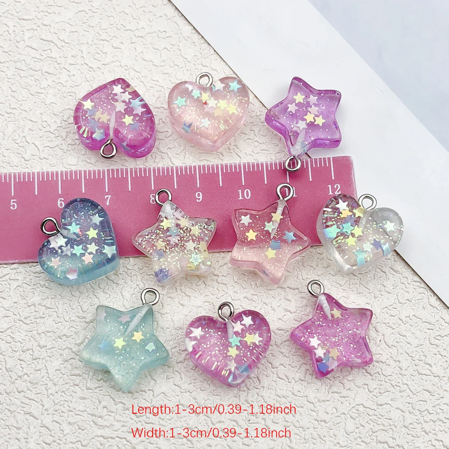 7pcs Resin Simulated Transparent Glitter Sequins Small Hearts and Stars Earring Keychain Charms DIY Accessories.