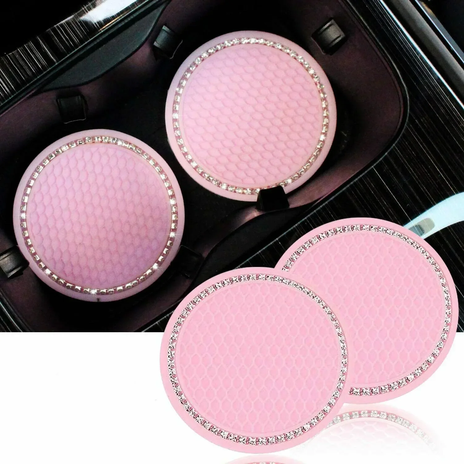 2pcs Pink Cup Holder Mat Car Coasters Pad Pink Cup Holder Mat Rhinestone Auto Interior Accessories Non-slip Mat 7cm Diameter