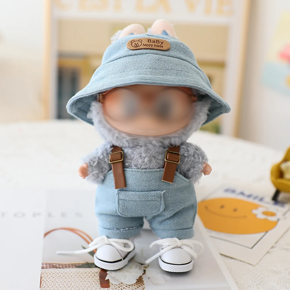 Elegante set di vestiti carini per bambola con cappello a secchiello, tuta, occhiali, scarpe, set per costumi da vestire per bambole in peluche