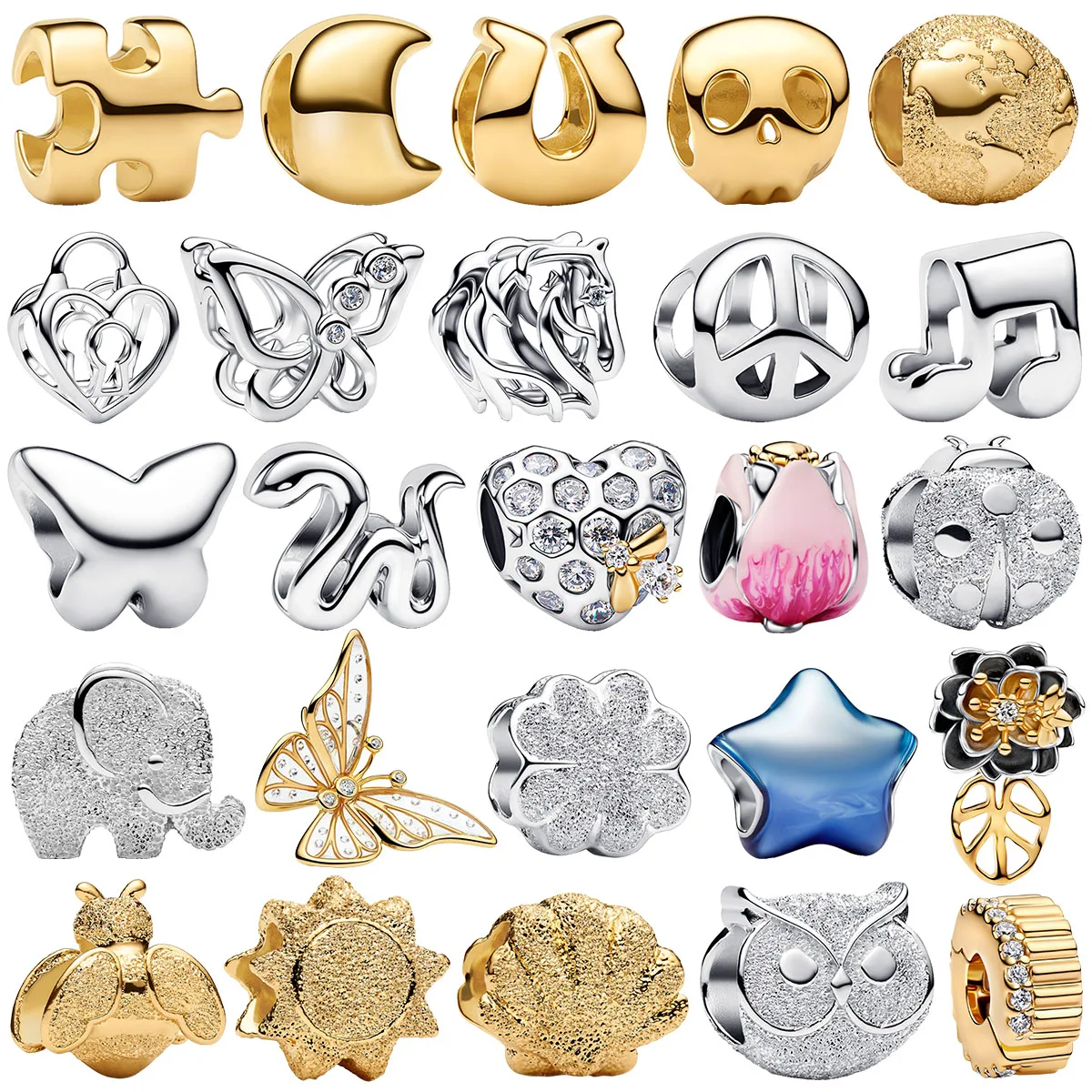 

S925 Silver Metal Glitter Cute Pavé Finish Polished Owl Skull Moon Sun Floral Shell Butterfly Beads Chrams DIY Bracelet Jewelry