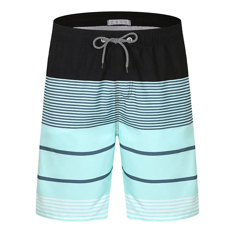 Trunk gráfico de listras gradiente masculino, calça curta impressa em 3D, emenda colorida, maiô surf, shorts de praia, verão, Havaí