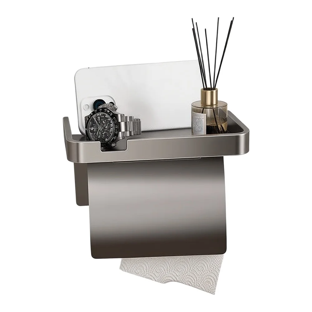 Modern Stick-on Toilet Paper Holder with Enclosed Shelf - Rustproof Aluminum Alloy No Drill Mounting 18.5x9x9cm