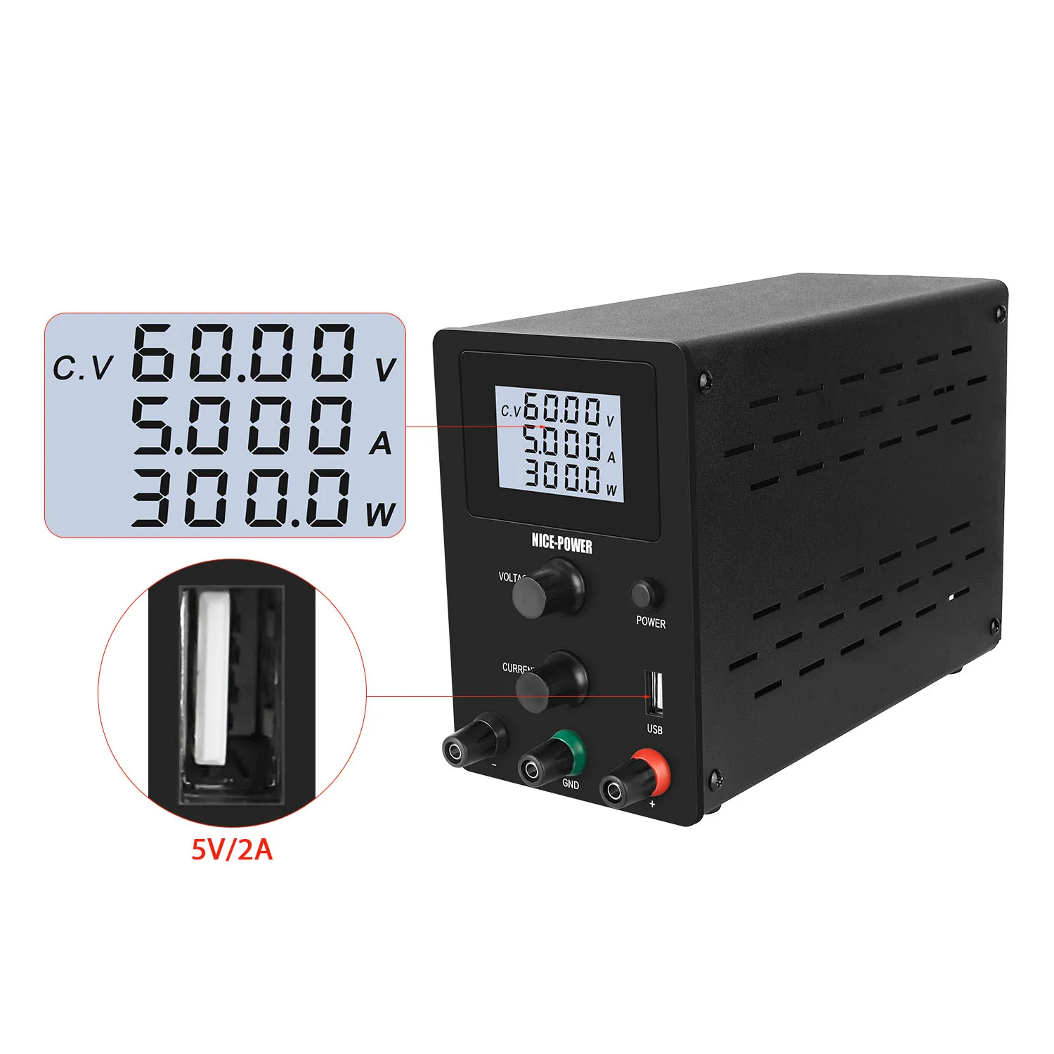 R-SPS605D 60V 5A Matte Black USB Interface DC Switching Power Source Digital Adjustable Variable Power Supply for Testing Repair