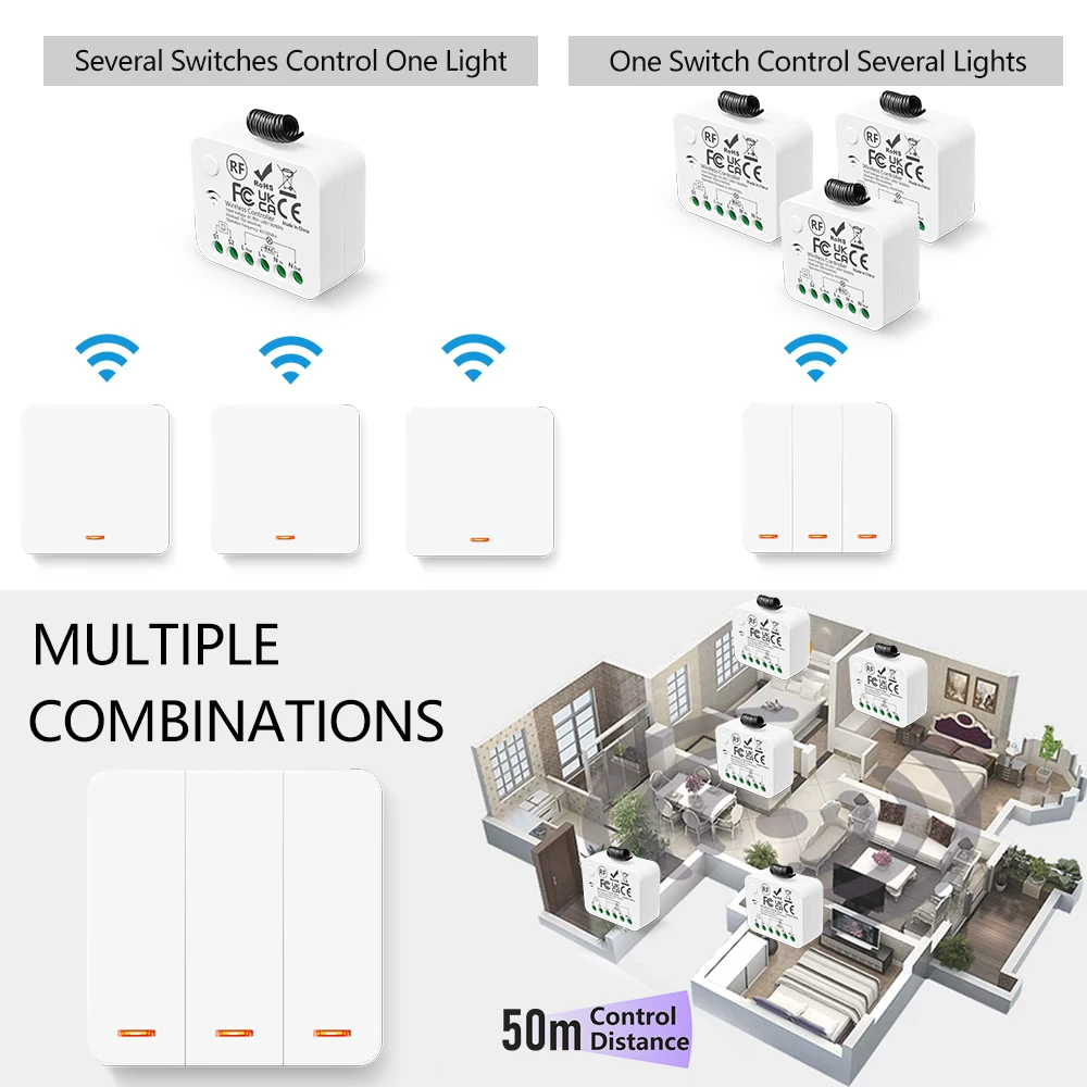 Saklar lampu kendali jarak jauh nirkabel RF433 smart home relay AC110V 220V kontrol 2 arah dengan fungsi penundaan untuk lampu kipas angin