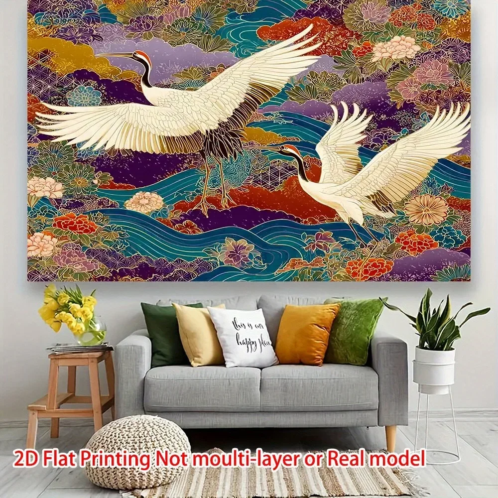 Vibrant Crane Floral Tapestry Colorful Oriental Art Pattern Stylish Boho Wall Decor Living Room Bedroom