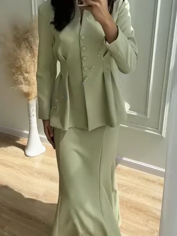 

Модные комплекты с тонкой длинной юбкой для поездок на работу, сексуальные топы на пуговицах с v-образным вырезом и полуюбка, костюм для женщин, повседневная однотонная одежда с длинными рукавами из 2 предметов