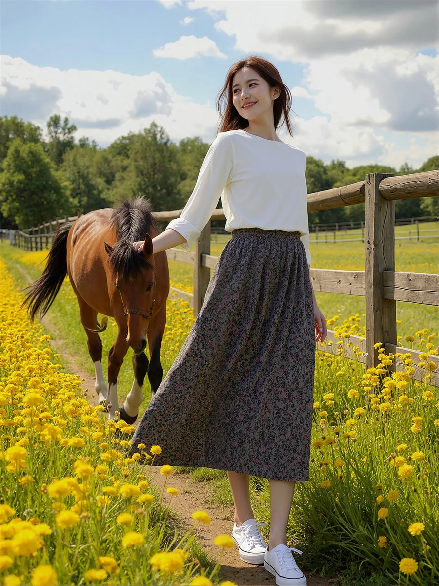 Floral Printed A-line Skirts Womens Pleated Layered Mesh Tulle Ruffle Waist Applique Cake Elegant Sweet Kawaii Bohemian Feminina