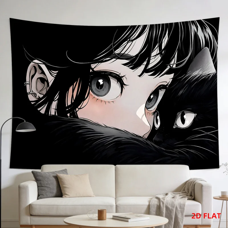 VIKAMA Cozy Anime Girl with Cat Tapestry, Aesthetic Wall Art for Bedroom, Living Room, Office & Meditation Space Decor