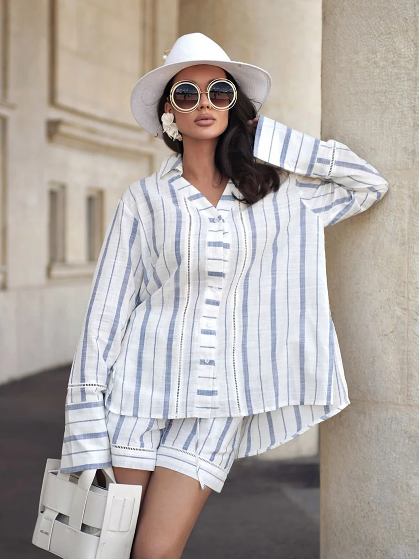 

Marthaqiqi Striped Ladies Nightwear Set Long Sleeve Nightgown Turn-Down Collar Pajama Shorts Casual Women Sleepwear 2 Piece Suit