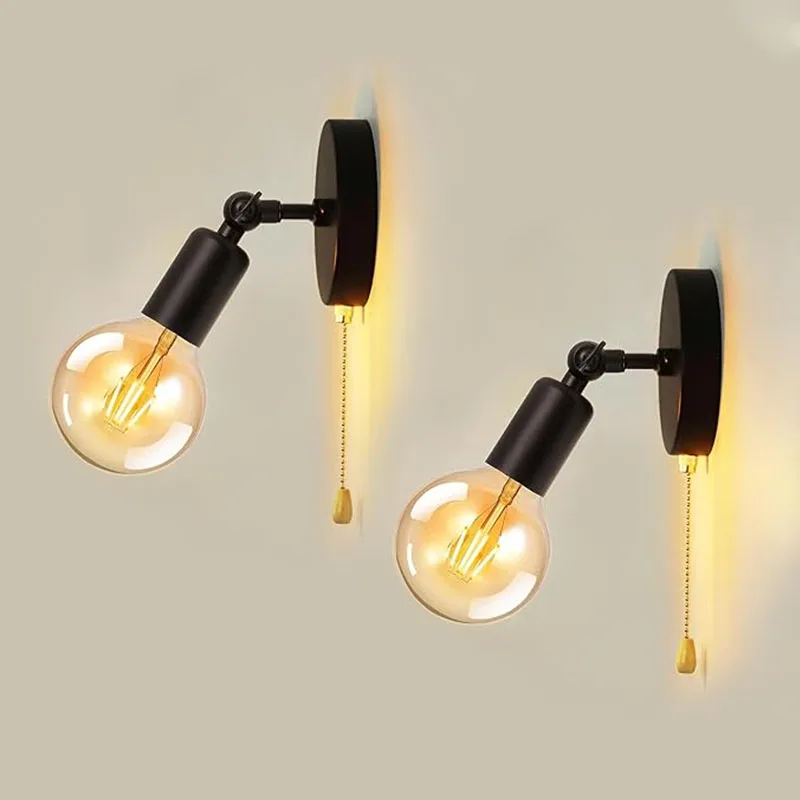2PCS Vintage Pull String Wall Lamp 180 Degree Adjustable Metal Wall Light E26/ E27 Lamps Holder Bedroom Home Living Room Decor