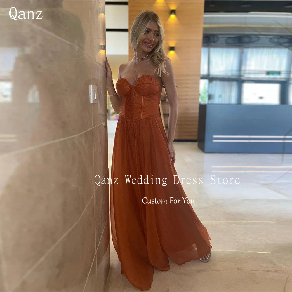 Qanz Sexy Chiffon Prom Dresses Strapless Long A Line Lace Up Back Back Robe De Soirée Luxe élégante 2024 Party Gown Plus Size