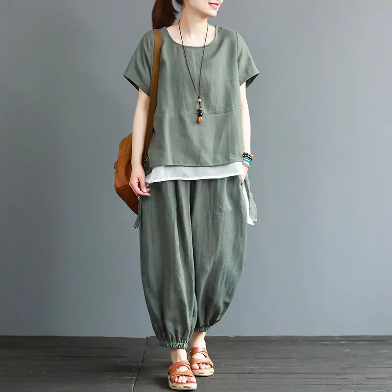 Cotton-linen Suit Women's Summer Dress New Short Sleeve T-shirt Women's Top Large Size Loose Cropped Harem Pants 2-piece Set V5