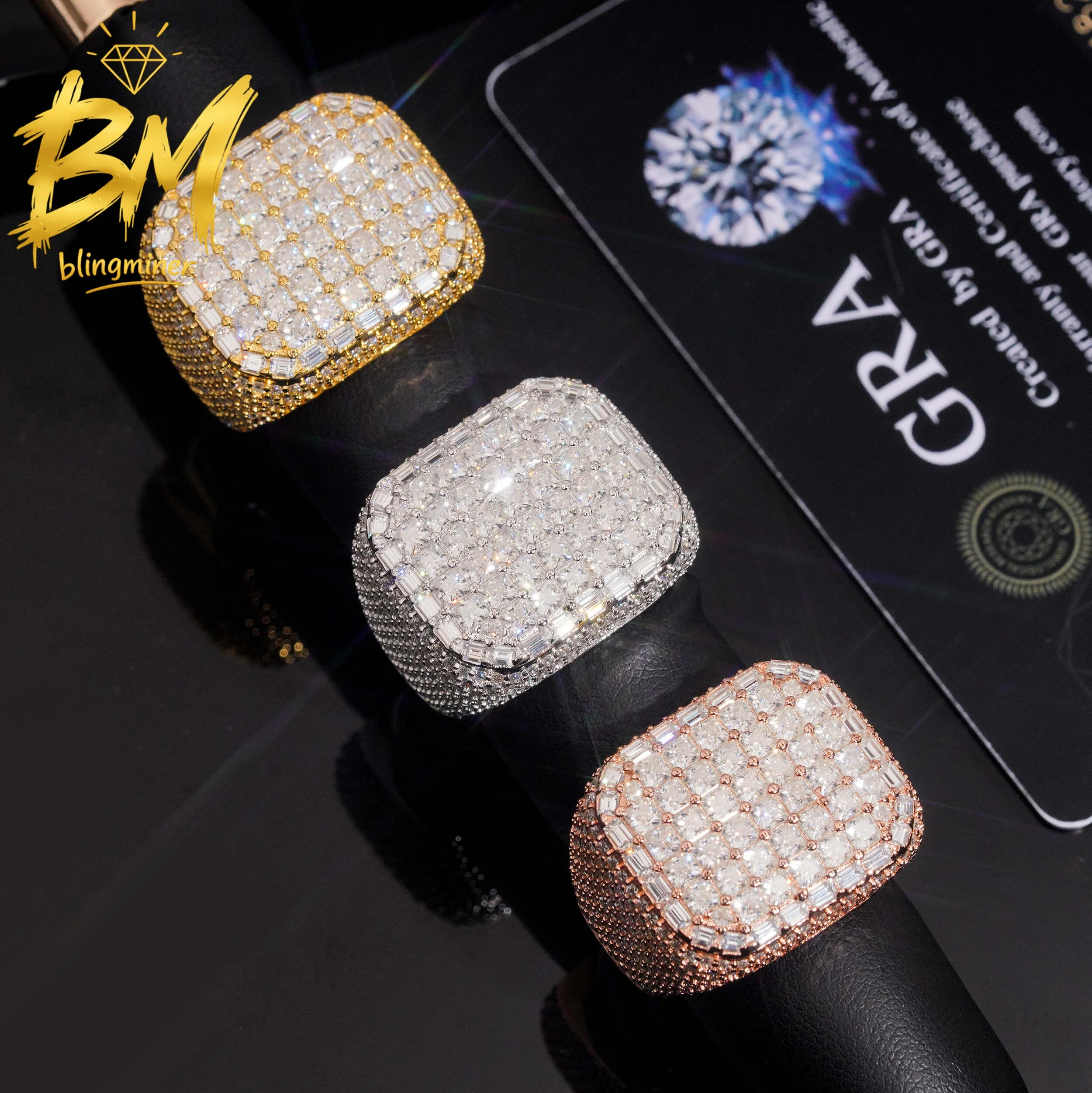 Blingminer  Hip Hop Vvs Baguette S925 Silver VVS Moissanite Rings For Men Women Finger Jewelry Pass Diamonds Tester  Free Shippi