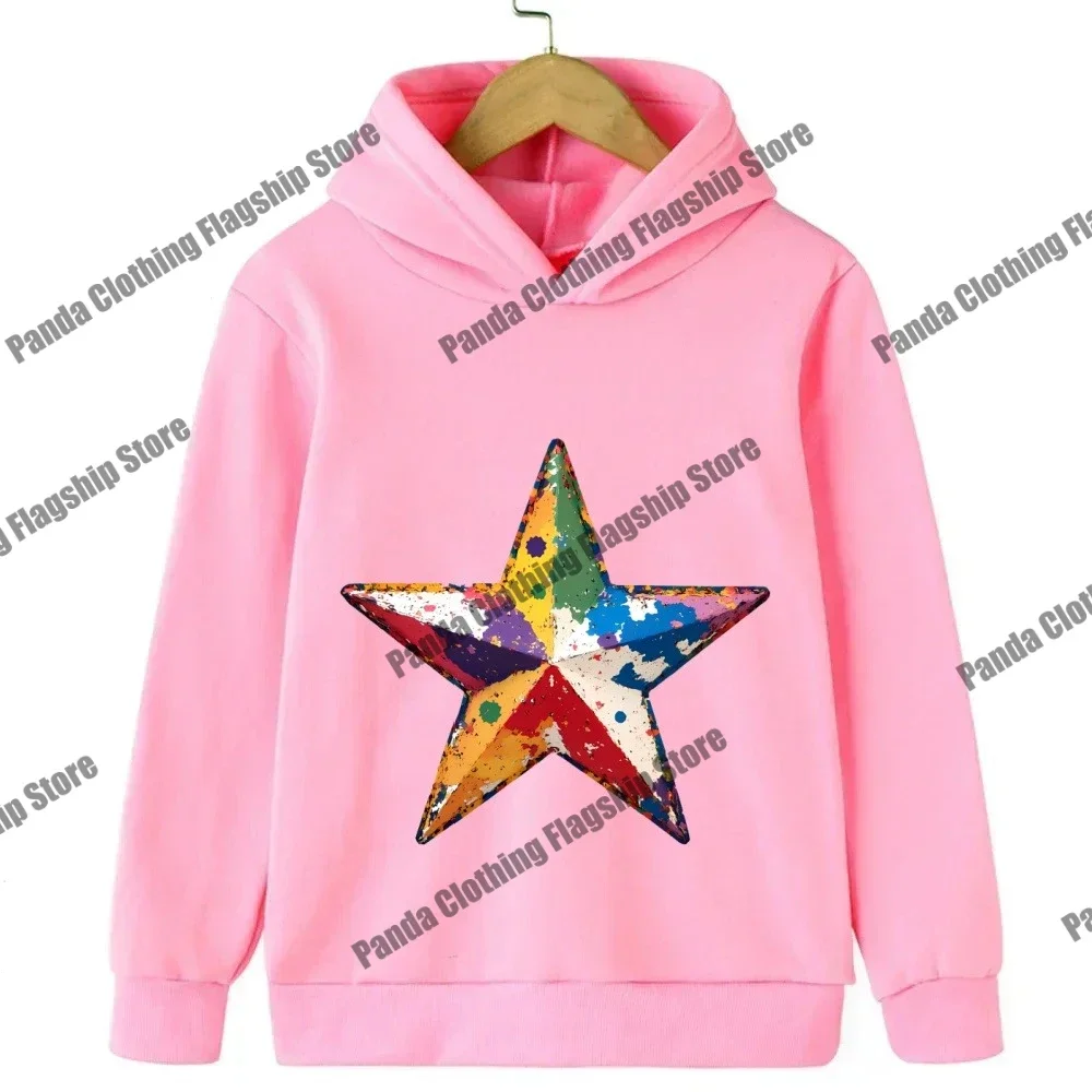 New children's hoodie with star print for boys and girls, pink long sleeved warm hoodie, children's black star hoodie